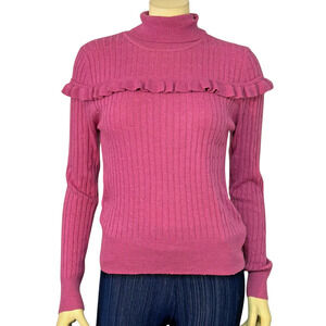 Mo:Vint Sz M Turtleneck Sweater Ruffle on Bodice Cable Knit Pink Angora Blend